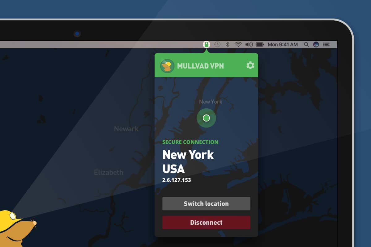 Mullvad VPN desktop app interface showing SECURE CONNECTION to New York USA, 2.6.127.153, Switch location, and Disconnect buttons.