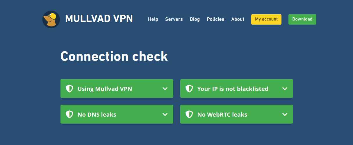 Mullvad VPN connection check showing green status for Using Mullvad VPN, Your IP is not blacklisted, No DNS leaks, and No WebRTC leaks.