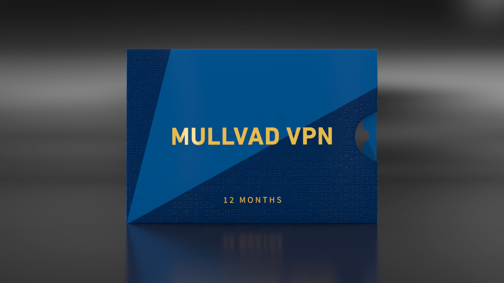 Blue Mullvad VPN 12-month physical activation card sleeve featuring MULLVAD VPN and 12 MONTHS text on a numeric pattern.