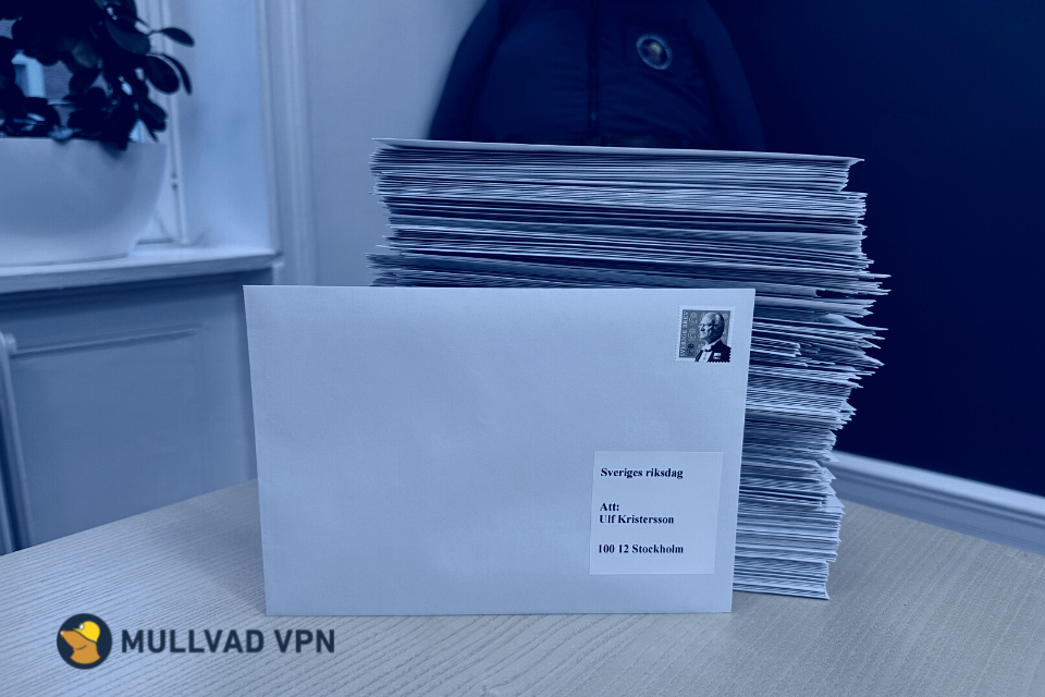 Stack of mail addressed to: Sveriges riksdag, Att: Ulf Kristersson, 100 12 Stockholm. Mullvad VPN logo in the foreground.