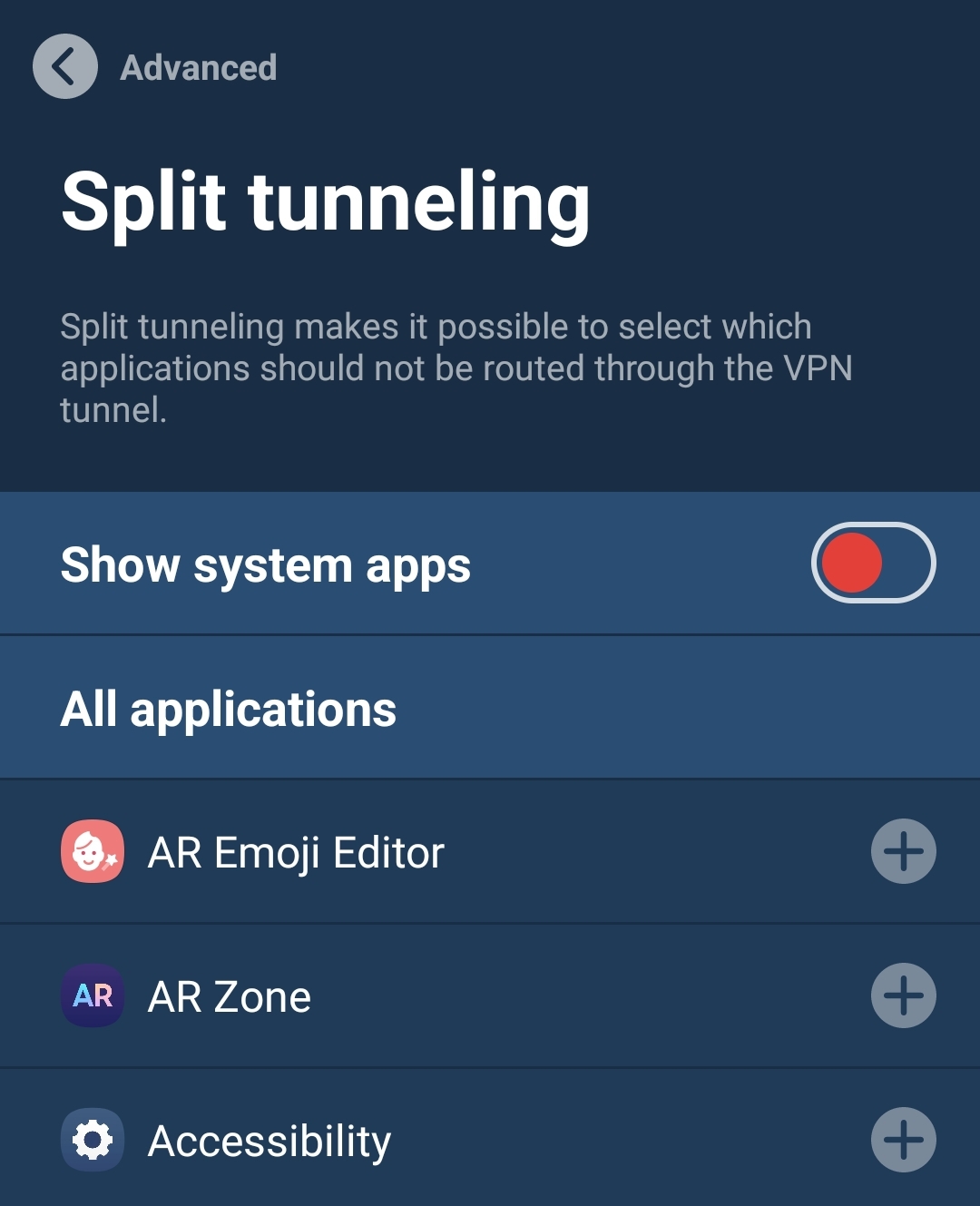 Split tunneling menu with Show system apps enabled and a list of apps including AR Emoji Editor, AR Zone, and Accessibility.