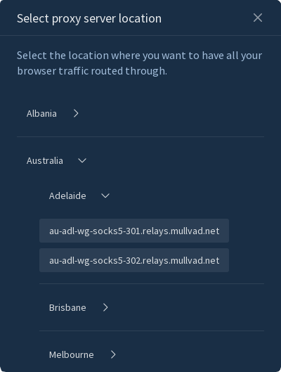 Mullvad extension proxy select tab showing Australia expanded