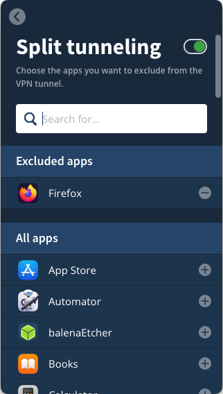 Mullvad app screenshot showing the Split tunneling setting.