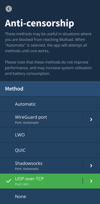 Mullvad Anti-censorship menu showing methods: Automatic, WireGuard port, LWO, QUIC, Shadowsocks, and UDP-over-TCP selected on port 443.