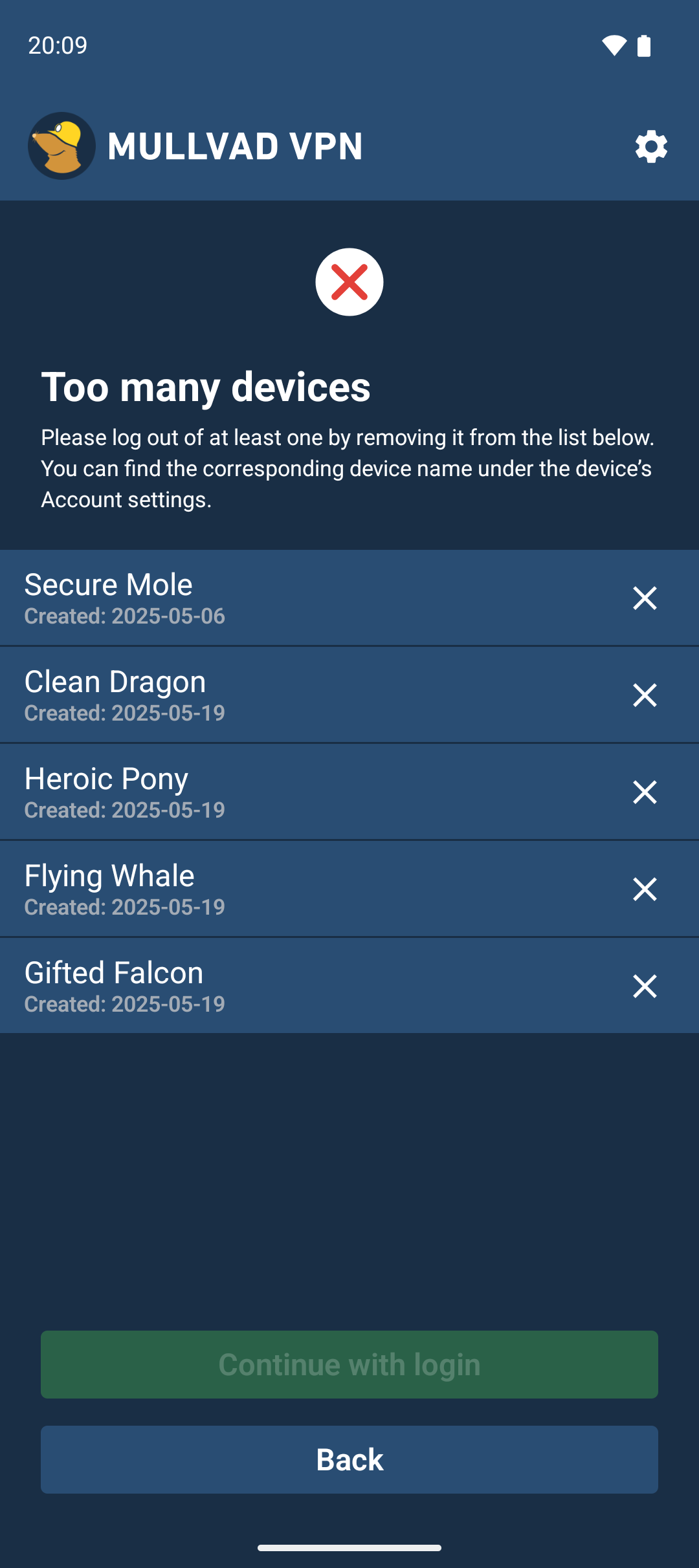 The too many devices screen with a list of devices