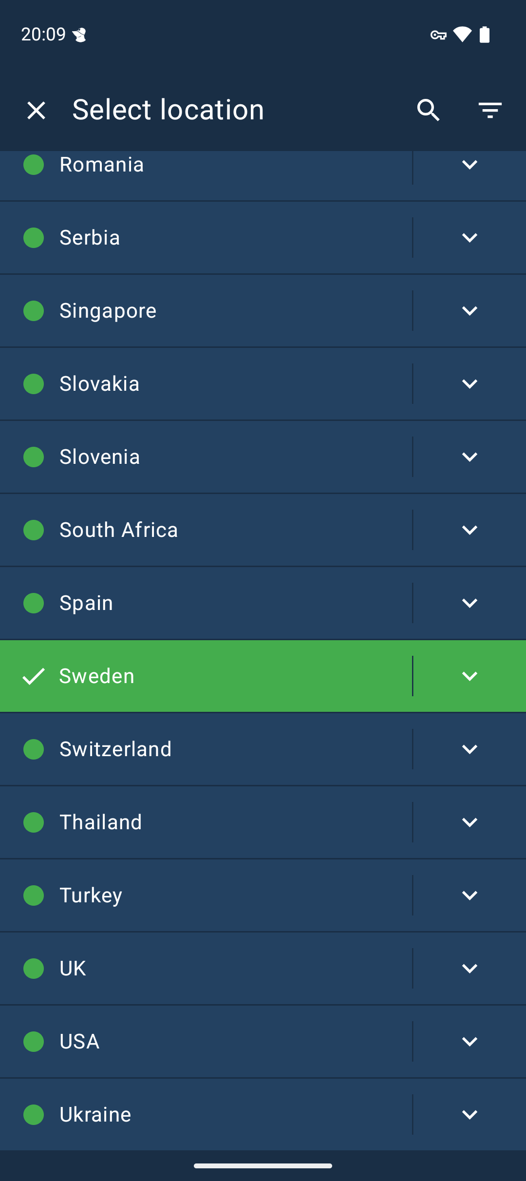 A list of countries with Sweden highlighted in green