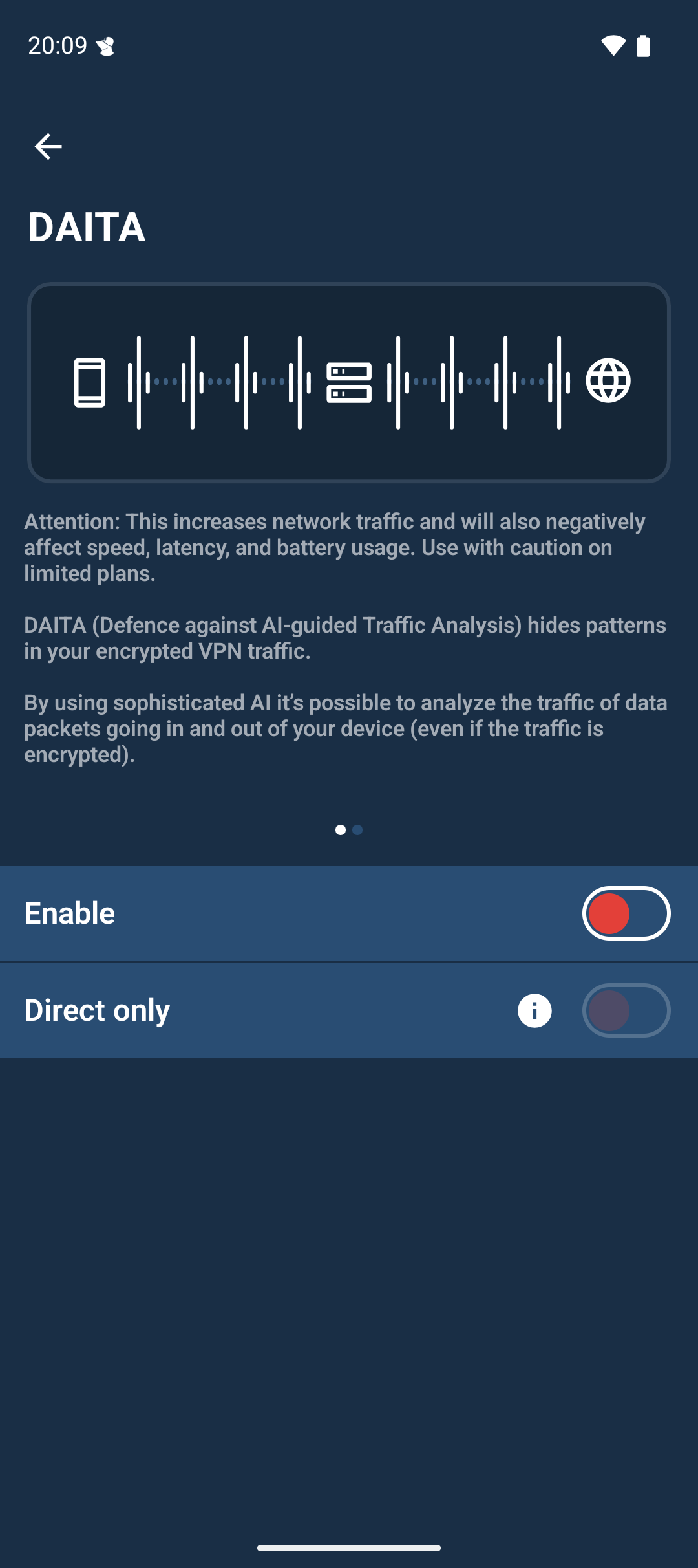 DAITA settings. There is an image with a DAITA visualization at the top, a partial description of how DAITA works and two option buttons. One option button turns DAITA on or off. The other one turns &ldquo;Direct only&rdquo; on or off.