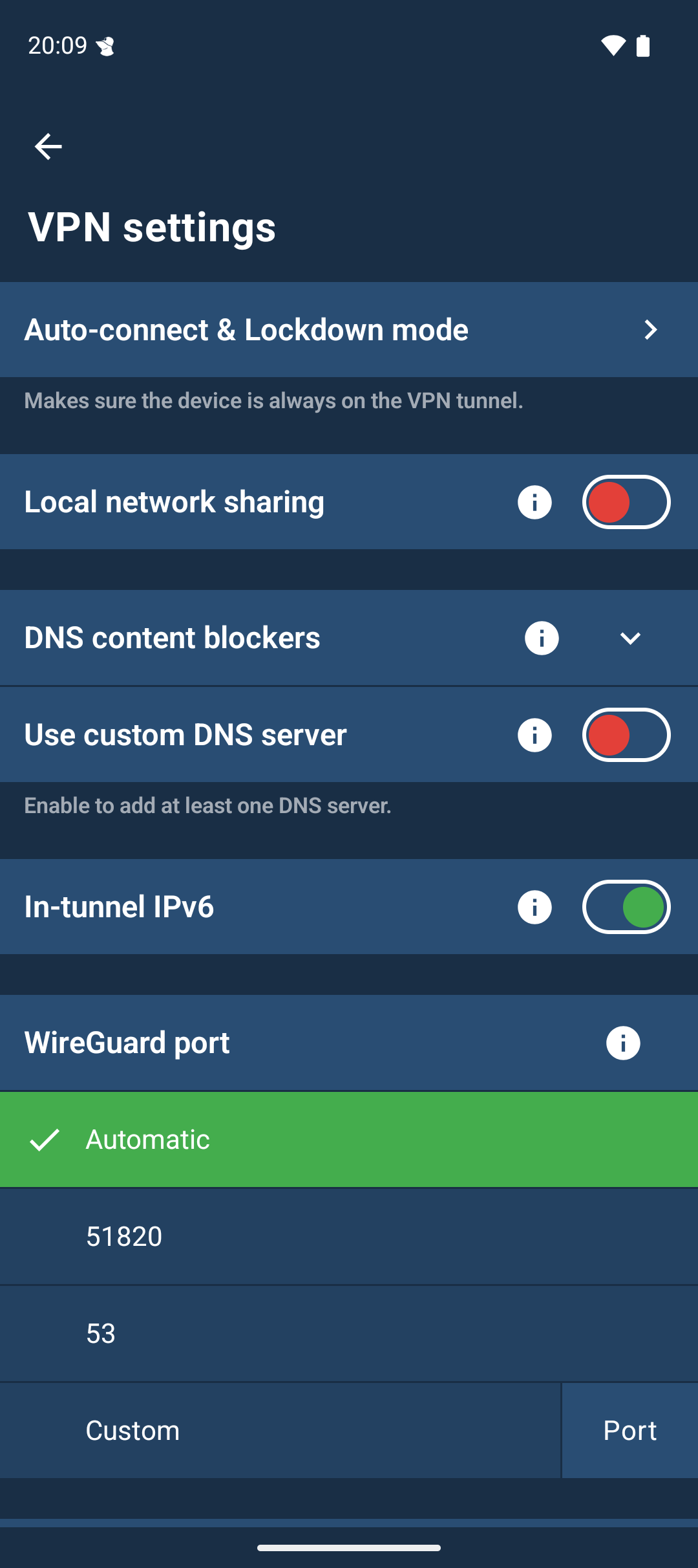 The VPN Settings screen of the app. There is a list of features showing, starting with &ldquo;Auto-connect & Lockdown mode&rdquo;. The features after are &ldquo;Local network sharing&rdquo;, &ldquo;DNS content blockers&rdquo;, &ldquo;Use custom DNS server&rdquo;, &ldquo;In-tunnel IPv6&rdquo; and &ldquo;WireGuard port&rdquo;.