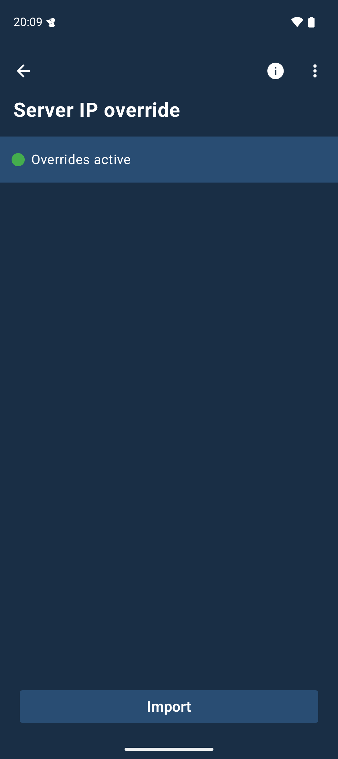 Server IP override screen. One or more override is active, as indicated by the text &ldquo;Overrides active&rdquo;.