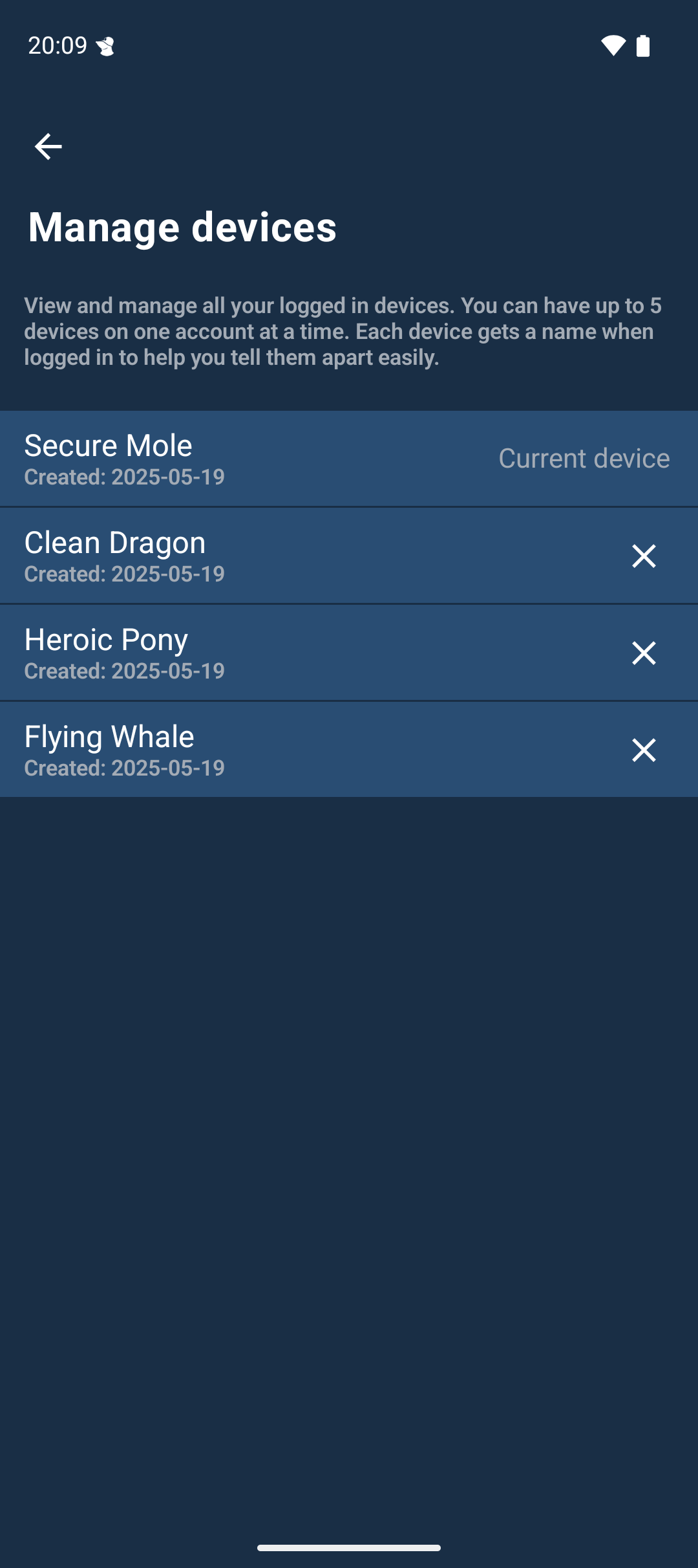 A list of device names with creation dates. The first device name is marked as &ldquo;Current device&rdquo; and the rest have an &ldquo;X&rdquo; instead to allow deletion.