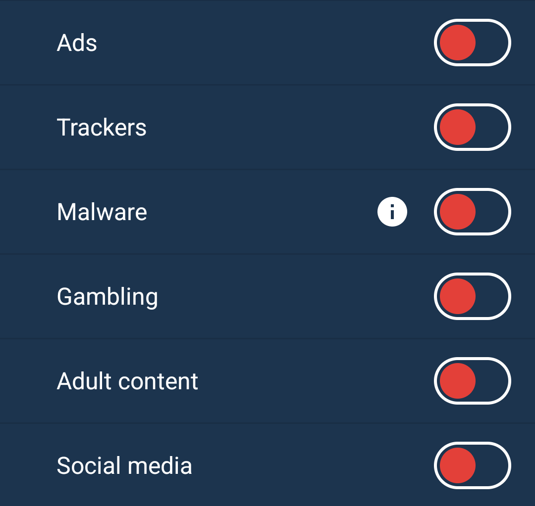 A list of dns blockers. There are &ldquo;Ads&rdquo;, &ldquo;Trackers&rdquo;, &ldquo;Malware&rdquo;, &ldquo;Gambling&rdquo;, &ldquo;Adult content&rdquo; and &ldquo;Social media&rdquo;.