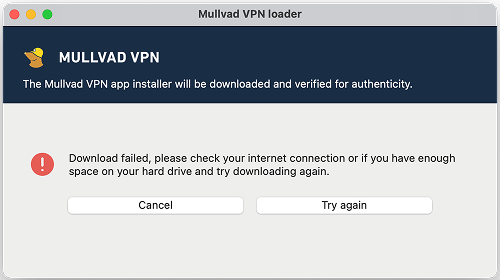 Download failed error text, with two buttons to cancel or try again.
