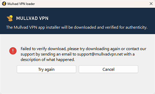 Failed to verify download error text, with two buttons to cancel or try again.