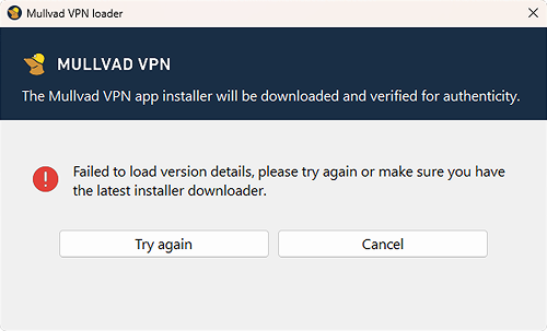 Failed to load version details error text, with two buttons to cancel or try again.