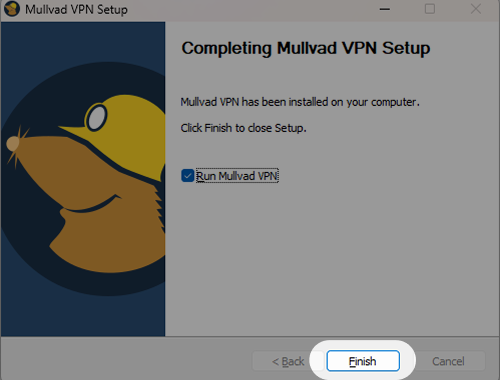 The Mullvad VPN setup showing completion view with the Finish button highlighted.