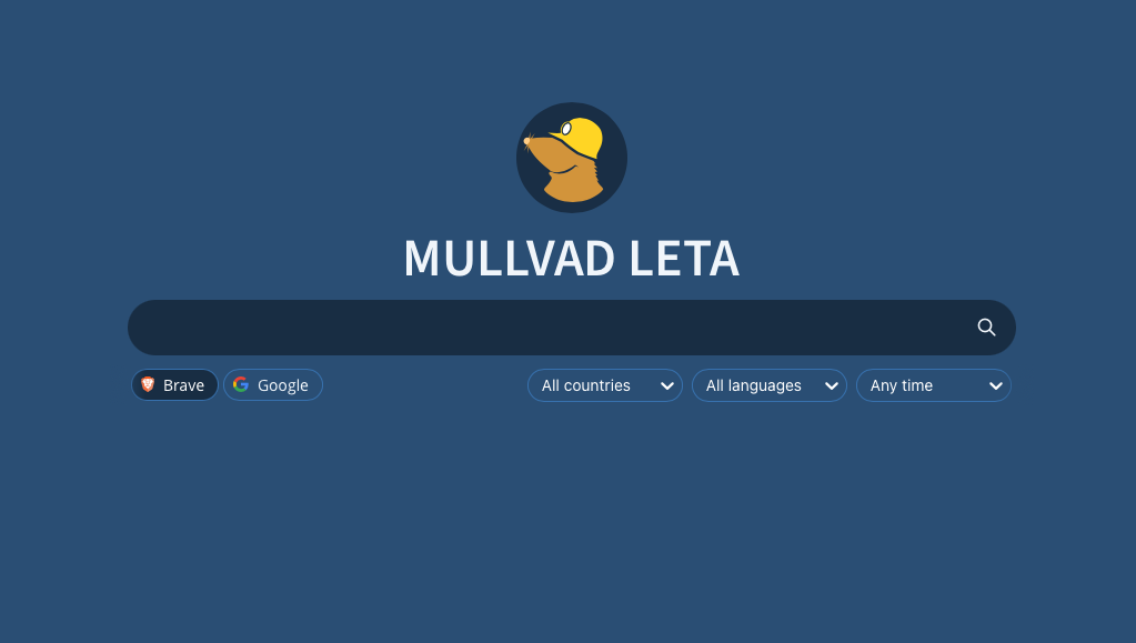 Mullvad Leta search engine interface with a search bar and filters for Brave, Google, All countries, All languages, and Any time.