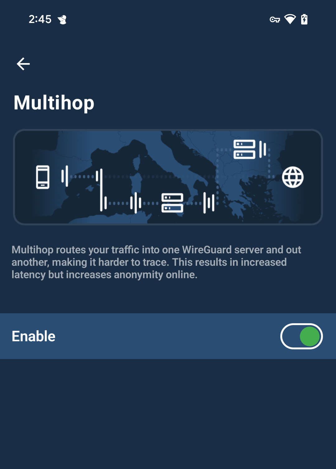 Multihop screen. Text: Multihop routes your traffic into one WireGuard server and out another, making it harder to trace. Enable toggle is on.