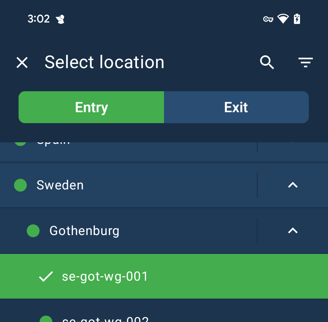 Mullvad VPN Select location screen with Entry and Exit tabs. Sweden, Gothenburg, and server se-got-wg-001 are selected under the Entry tab.