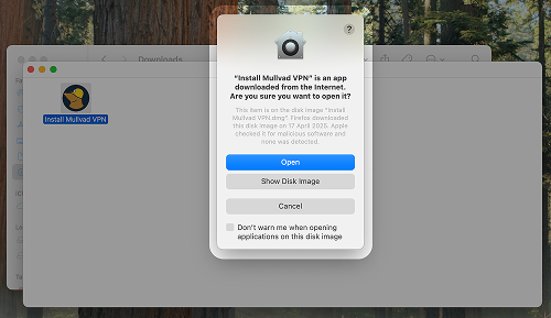 A highlighted system notification that asks if you want to open the Mullvad VPN loader.