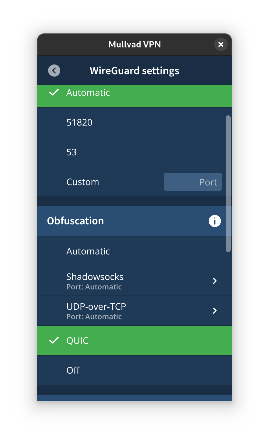 Mullvad VPN WireGuard settings interface showing the Obfuscation menu with QUIC selected.