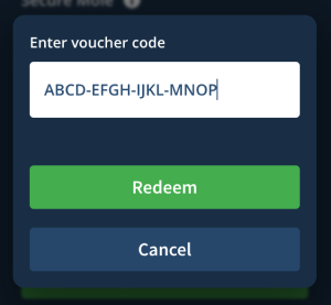 Voucher dialog in Account view with a voucher code inputted.
