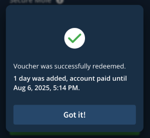 Dialog informing the user that the voucher code was successfully redeemed and the time was added to the account..