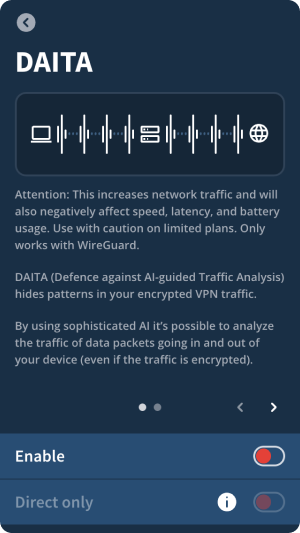 DAITA screen, with information carousel and options for enabling the feature.