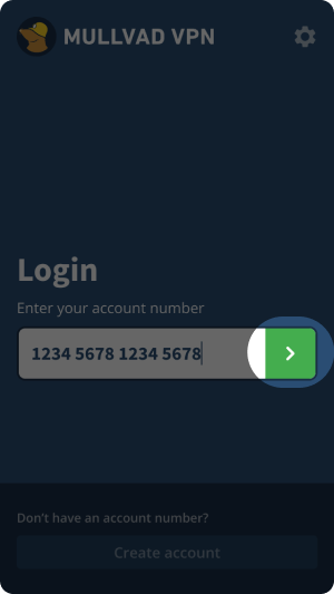 Login screen with account number in the login textfield, green button with white arrow highlighted.