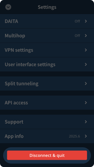 Settings screen with Quit button highlighted.