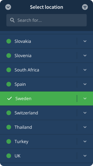 Select location view in app, showing a country as selected.