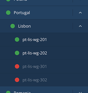 Unavailable servers, indicated by a red dot in the Select location view.