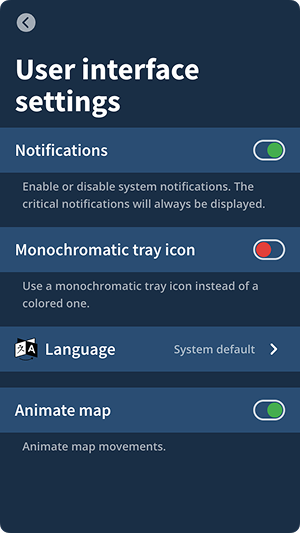 User interface settings screen, listing the different settings available.