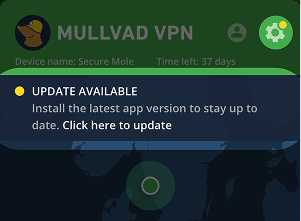 Mullvad VPN app highlighting the notification and settings icon for updating the app.