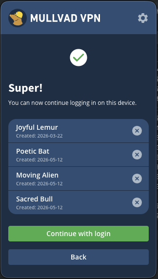 Four registered devices are shown, green button to continue login highlighted.