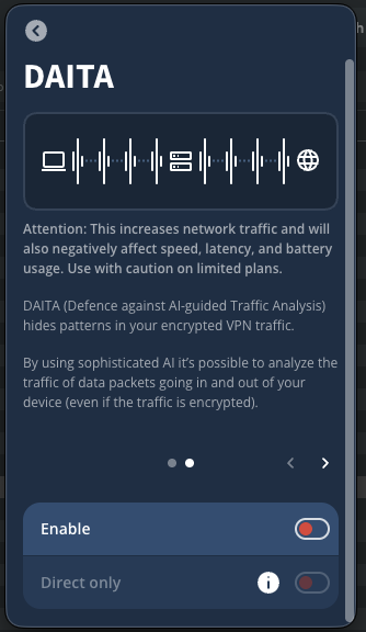 DAITA screen, with information carousel and options for enabling the feature.