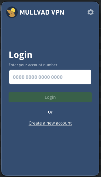 Login view of the Mullvad VPN app.
