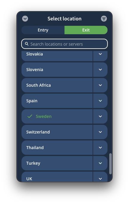 Select location view with multihop enabled, in the Exit server tab.
