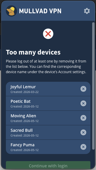 Too many devices message with five registered devices in a list, with names, creation dates, and remove icon.